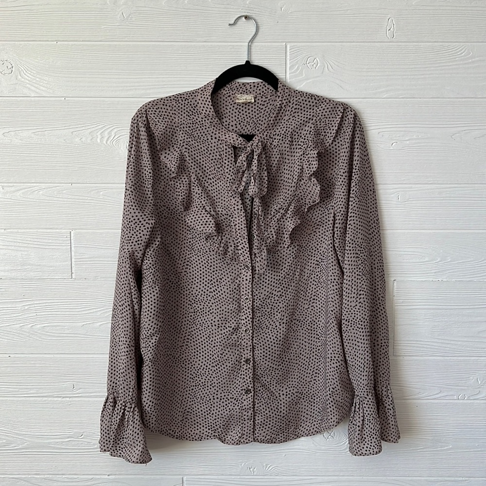 Hem & Thread polka dot ruffled neckline tie neck blouse button down